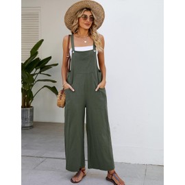Flygo Jumpsuits for Women Cotton Linen Bib Overalls Loose Fit Wide Leg Jumpsuits Casual Rompers with Pockets(ArmyGreen-M)