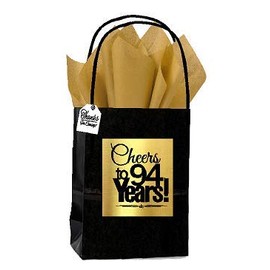 Black & Gold 94th Birthday/Anniversary Cheers Themed Small Party Favor Gift Bags with Tags -12pack