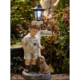 Floryden Solar Boy Statue Welcome Sign Garden Statues for Garden Decor, Porch, Lawn, Yard Art Decorations, Resin 23.2H inch