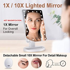 COSMIRROR Espejo de maquillaje iluminado con espejo de aumento de 10 veces, 21 espejo con luz LED con atenuación del sensor táctil, rotación...       