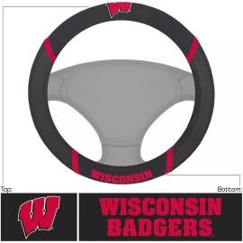 Fanmats Wisconsin Badgers Premium 15 Inch Black Emroidered Steering Wheel Cover...