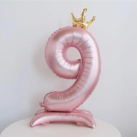 42 Inch Standing Pink Number 9 Balloons With Crown, 9th Birthday Decorations for Girls, Birthday Party Supplies, 9th Birthday Balloons. (Pink 9)
