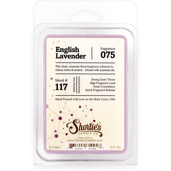 Shortie's Candle Company Pure English Lavender Wax Melts - Formula 117-1 Highly Scented 3 Oz. Bar - Made with Essential & Natural Oils - Flower & Floral Air Freshener Cubes Collection