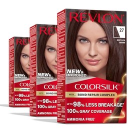 REVLON Revlon ColorSilk with Bond Repair Complex, Permanent Hair Color, 100% Gray Coverage, Ammonia Free Hair Dye, Vegan Keratin, 27 Deep Rich Brown (Pack of 3)