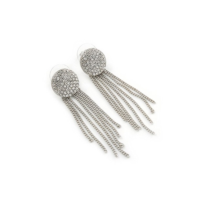 Silver Tone Clear Crystal Pave Set Button with Multi Chain