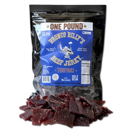 Bronco Billy's Beef Jerky Teriyaki One Pound Resealable Bag, Made in USA with Premium USDA Beef, Hand Cut, Hand Strung, Hand Packed