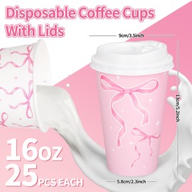 FYSUIMU 50 Pcs Bow Coffee Paper Cups Watercolor Pink White Preppy Bowknot 16 oz Disposable Cups with Lids for Hot Cold Drinks Birthday Baby Shower Bachelorette Party Supplies, 2 Designs