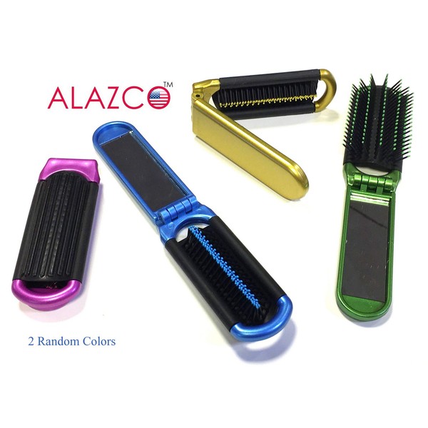 2 ALAZCO Folding Hair Brush With Mirror Compact Pocket Size Travel Car Gym Bag Purse Locker