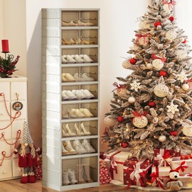 SYNCVIBE Shoe Rack Organizer for Closet Entryway 9 Tiers-18 Pairs Foldable Sneaker Storage Shoe, Collapsible Shoe Cabinet with Doors, Stackable Shoe Storage Cabinet with Lids for Living Room