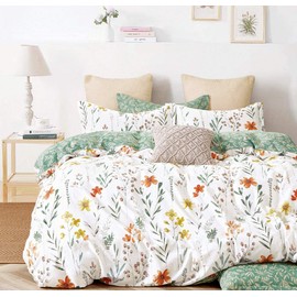Lanqinglv Bed Linen Set, 155 x 220 cm, Green/White Leaves, Floral Pattern, Plants, Reversible, Colourful, Microfibre, Renforcé, Duvet Cover with Zip, Pillowcase, 80 x 80 cm