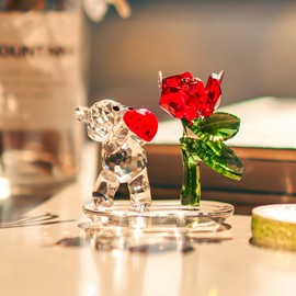 H&D HYALINE & DORA Crystal Bear Figurine With Red Rose,Glass Animal Collectible Ornament For Gift Home Table Decoration