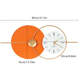 Large Wall Clock Round Decorative Art Clock Silent Battery Operated Wall Clock Modern Wall Decor Clocks for Home Living Room for Home Living Room Bedroom Kitchen Office Decoration, Gold & Orange