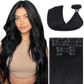 WindTouch Clip in hair Extensions for Women Real Human Hair, Black Hair Extensions 18 Inch 70g #1, Jet Black Remy Human Hair Extensions Clip ins for Women, Soft Silky Straight