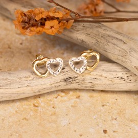 Carissima Gold Women's Pave Double Heart Stud Earrings Set Cubic Zirconia 10.5 mm x 7.7 mm 9-Carat (375) Gold, Yellow Gold, yellow gold