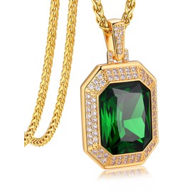 Bandmax Big Gemstone Pendant Necklace for Men 14K Gold Plated Iced Out Green Crystal Necklace Emerald Charm with Spiga Chain Hip Hop Rock Biker Jewelry