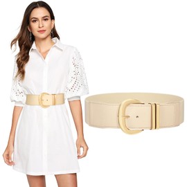 SANSTHS Women Wide Elastic Waist Belt for Dresses Fashion Gold Buckle Stretchy Leather Waistband for Ladies, Beige M