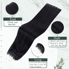 RUNATURE Real Hair Micro Ring Extensions, Black Human Hair, 45 cm, Micro Ring Extensions, 1 g, Straight Real Hair Extensions, Micro Ring Black Hair Extensions, 50 Strands, #1