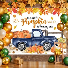 Mocsicka Little Pumpkin is Turning One Backdrop Pumpkin Truck First Birthday Background Autumn Fall Boy 1st Birthday Party Decorations Banner Photo Studio Props (7x5ft)