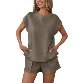 Famulily Ladies Tracksuits Set Two Piece Summer Outfits Side Split Tops and Loose Fit Pinched Seams Shorts Coffee S
