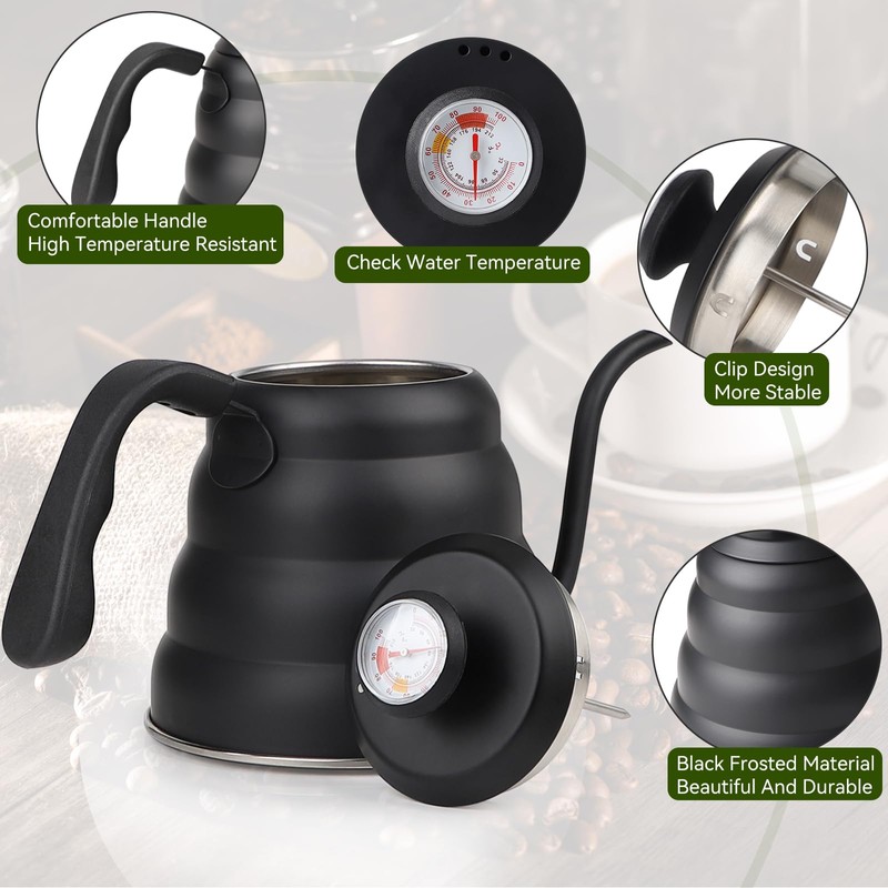 EFUTURETIME Gooseneck Kettle Gooseneck Kettle Black with Thermometer 1.2 L