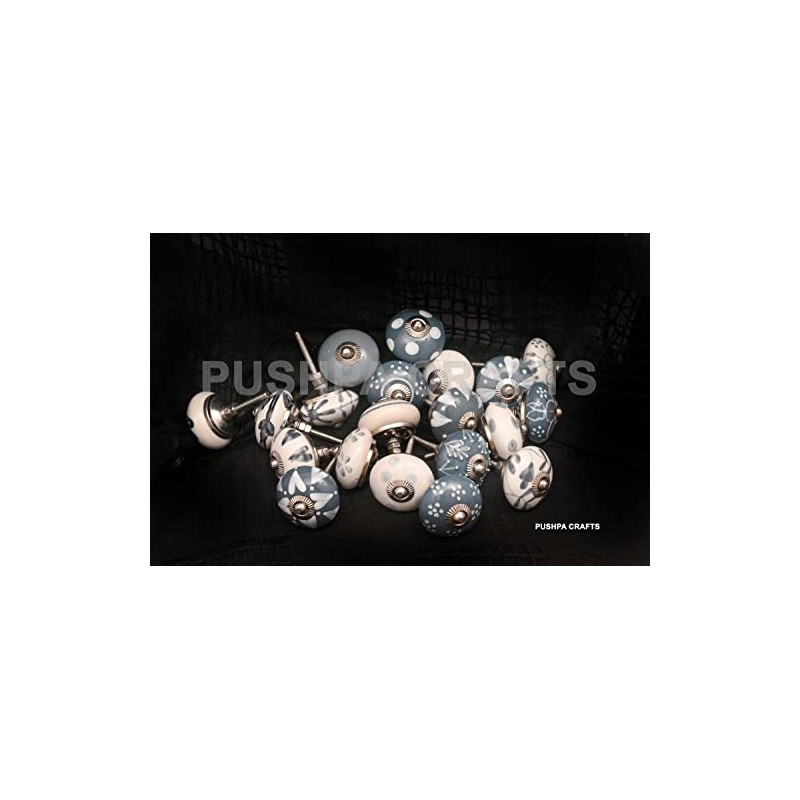 PUSHPACRAFTS Hand Painted Ceramic Cupboard Drawer Knobs 20 Pieces Grey