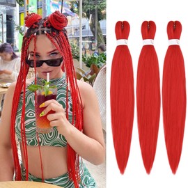 IXIMII 16 inch Red Braiding Hair Pre Stretched 3 packs Soft Pre-Stretched Braids Hair Straight Crochet Braids Yaki Texture Synthetic Hair Extensions Hot Water Setting