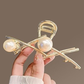 Kistreao Large Hair Clips Gold Metal Hair Claws Pearl Hair Jaw Clamp Geometry Hair Grab Clips Elegant Hairpin for Women Girls Thick Thin Hair Accessories