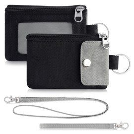 Minimalist Wallet for Mens Womens, Keychain RFID Blocking Zipper Small Wallet with ID Window 2 Lanyards,Water Resistant Travel Cash Card Coin Case Boys Girls
