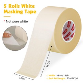 5 Rolls Masking Tape 2 Inches Wide 1.89In × 55Yd Beige White Painters Tape General Purpose Painters Tape for Wall Painting Masking Packaging, Upgraded Material