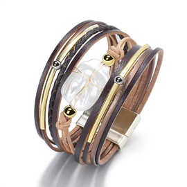 LSxAB Women Multilayer Brown Leather Wrap Bracelet Stackable Wristband Braided Bohemian Layered Cuff Bangle Bracelets
