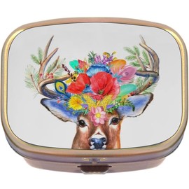 Deer Flowers Antlers Brass Rectangle Pill Box