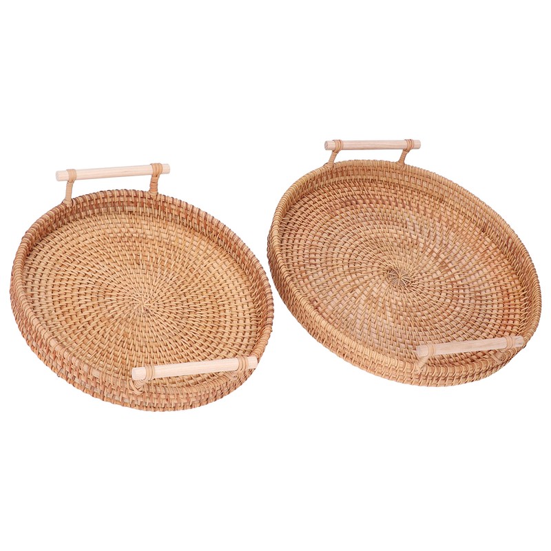 2PCS Hand Woven Rattan Tray Round Serving Tray Tea Fruit