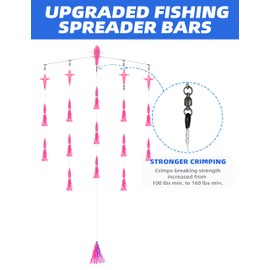 BLUEWING 36in Upgraded Fishing Spreader Bar Starboard Canyon with 6in Floating Squids, Trolling Birds, Big Game Trolling Lure and 316 Stainless Steel Rod for Wahoo Tuna Marlin Mahi Mahi, Pink