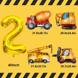 Construction Birthday Party Supplies 2 Year Old, Large Construction Balloons 40Inch Gold Number 2 Balloons Construction Truck Foil Balloons for Boys 2nd Construction Birthday Party Decorations