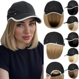 Qlenkay Waterproof Baseball Cap Attached with Straight Bob Hair Soft Crown Adjustable Quick Dry Hat Wig 14in Short Synthetic Hairpiece for Women Ash Blonde Mix Light Brown