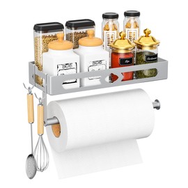 Paper Towel Holder Wall Mount, MAYZOLOP Easy One-Hand Tear Design Paper Towel Holder with 2 Hooks, Fits Kitchen, RV, Bathroom, Self-Adhesive or Drilling Installation, Silver