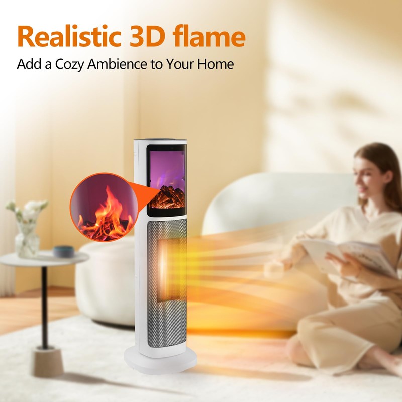 HINEIBER 750W/1500W Ceramic Tower Space Heater with 3D Flame, Electric