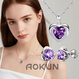 Flores Rosas Eternas Y Collar De Corazón Para Mujeres Color Violeta