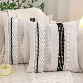 Tosleo Black and White Cushion Cover 18x18 inch Set of 2 Stripe Decor Throw Pillow Covers Accent Chenille Pillowcases Farmhouse Cushion Case Bohemian Nuetral Textured Pillow Cover