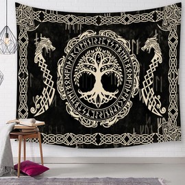 Viking Dragon Totem Life Tree Rune Tapestry, Ancient Runic Mythology Wall Art Tapestry, Black and White Mysterious Geometric Mythology Tapestry Wall Hanging Living Room Bedroom Decor 60 X 40 IN