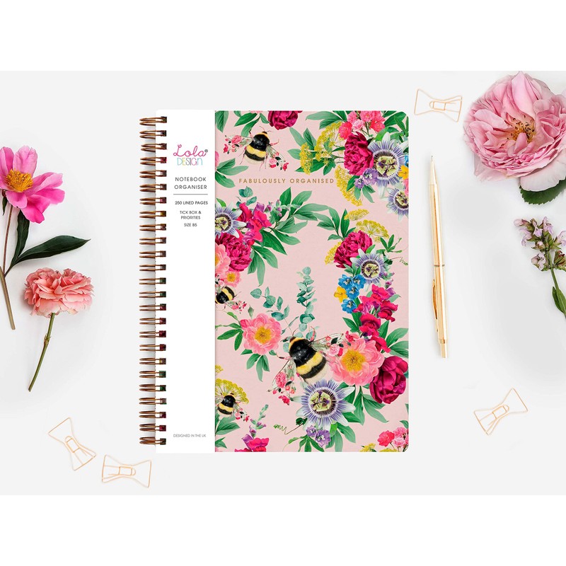 Lola Design - Large Spiral Notebook Organiser, Pink Bee Pattern