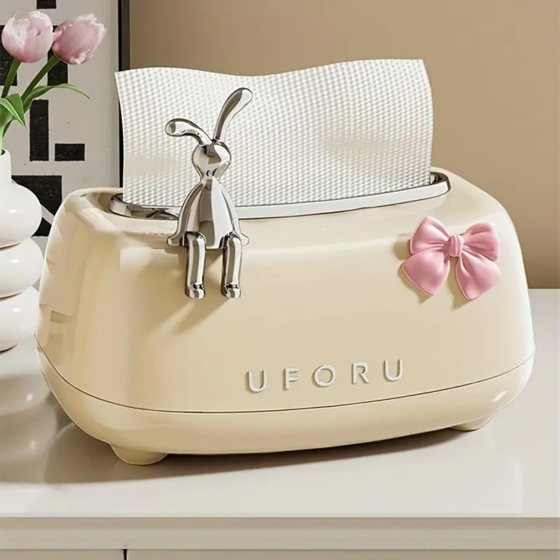 AIMALL Bunny-Themed Tissue Box, Elegant Spring-Lift Design, 8.26" x 5.43"