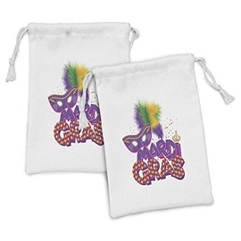 Ambesonne Mardi Gras Fabric Pouch Set of 2, Traditional Holiday Theme Colorful Fluffy Feathers Crown, Small Drawstring Bag for Toiletries Masks and Favors, 9" x 6", Purple Hot Pink Green