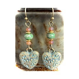 Bronze, Dusty Rose Bead with Etched Patina Heart Dangle Earrings Love. Jewelry Earrings for Women #3298FE3292
