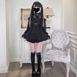 Qichenk hdjtz-black Gothic Choker Neck Dress, Black, Large Size, Off Shoulder, Long Sleeve, Gothic Lolita, Sexy, Simple, Cute, S