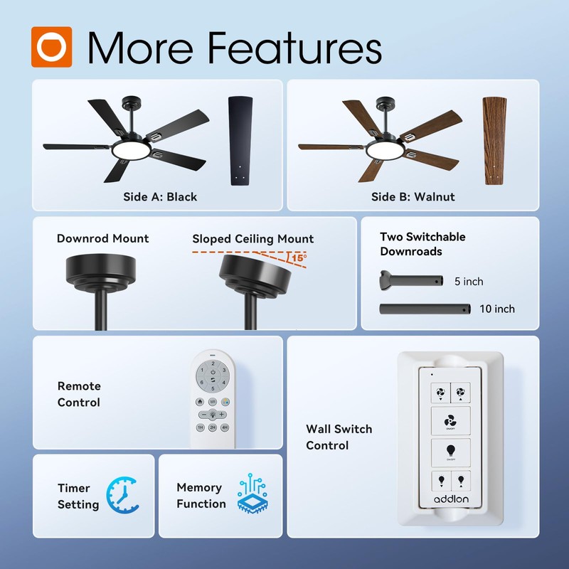 addlon Ceiling Fans with Lights, 52 inch Black Ceiling fan