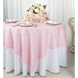 Wedding Linens Inc. 72 in x 72 in Lace Table Overlays, Tablecloths, Toppers for Wedding Decorations, Events Banquet Party Supplies - Pink