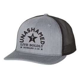 Christian Unashamed Live Boldly Romans 1:16 Mens Embroidered Mesh Back Trucker Hat, Heather Grey/Black