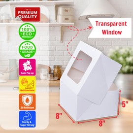 Trendazer Cake Boxes 8x8x5 Inch 25 Pack with Window, 30 Bonus Sticker, Auto Popup, Extra Thick, Oil Resistant, Ideal for Cookie, Pie, Treat, Pastry, Bakery