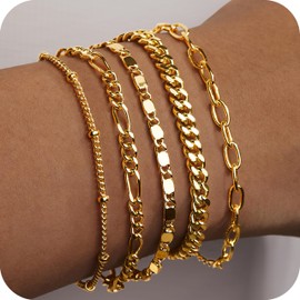 Gokeey Gold Bracelets for Women Trendy 14K Gold Plated Jewelry Sets Stack Dainty Stackable Paperclip Cuban Figaro Chain Bracelets Pack Layered Link Chain Bracelet for Women Cute 5pcs Adjustable
